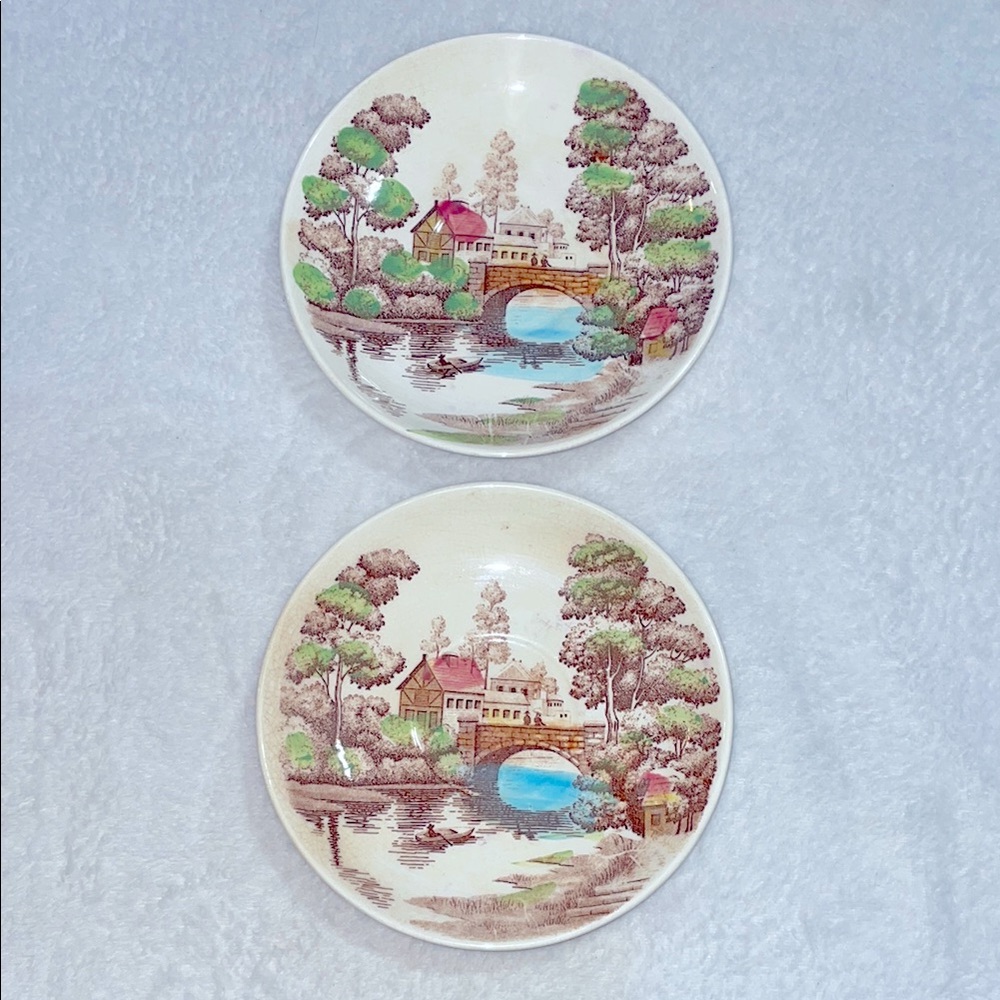 Vintage Nasco Holiday 1940’s Scenic 6” Plates with Pastel Hues